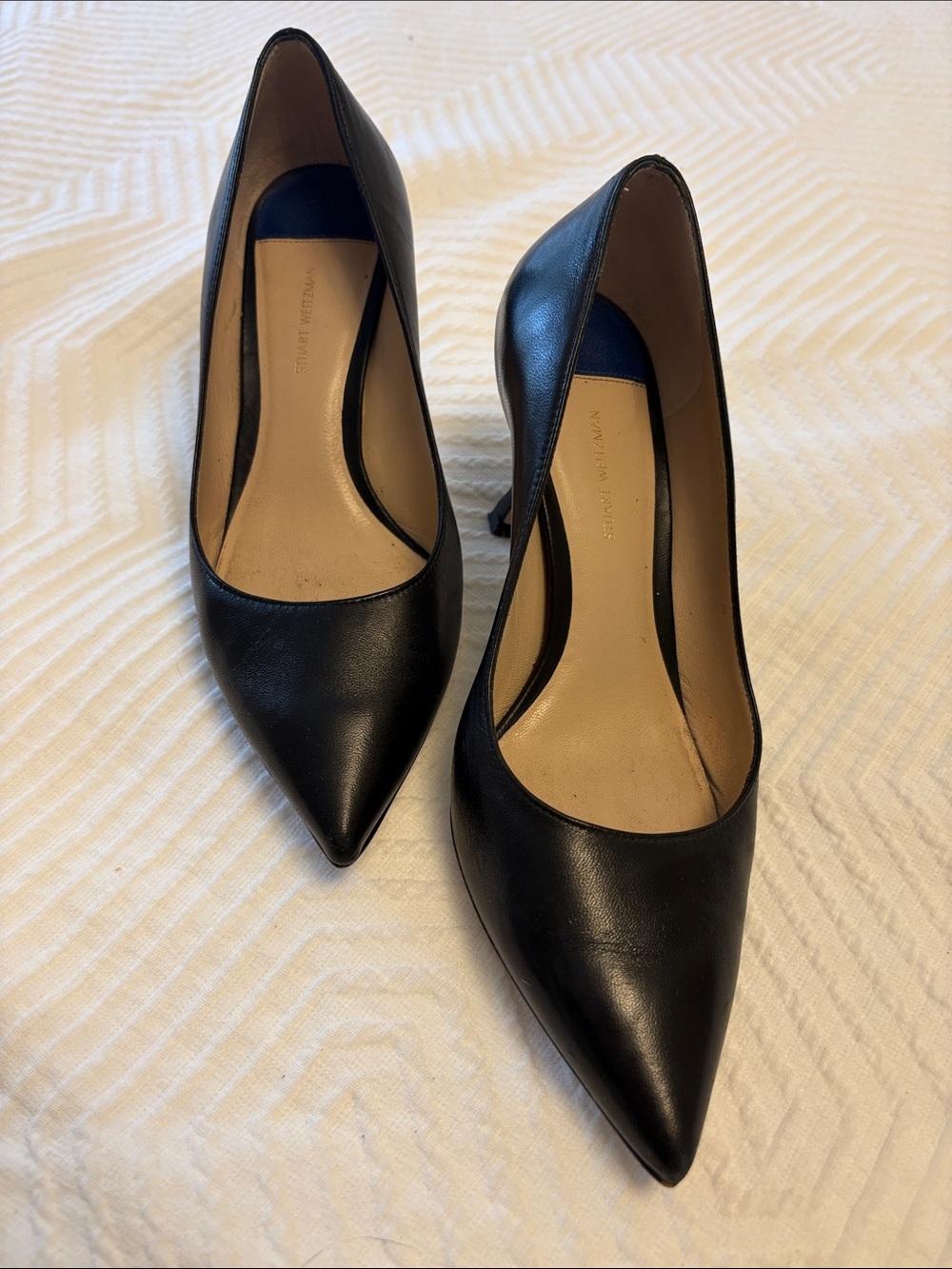 Stuart Weitzman Black Pointed-Toe Leather Pumps